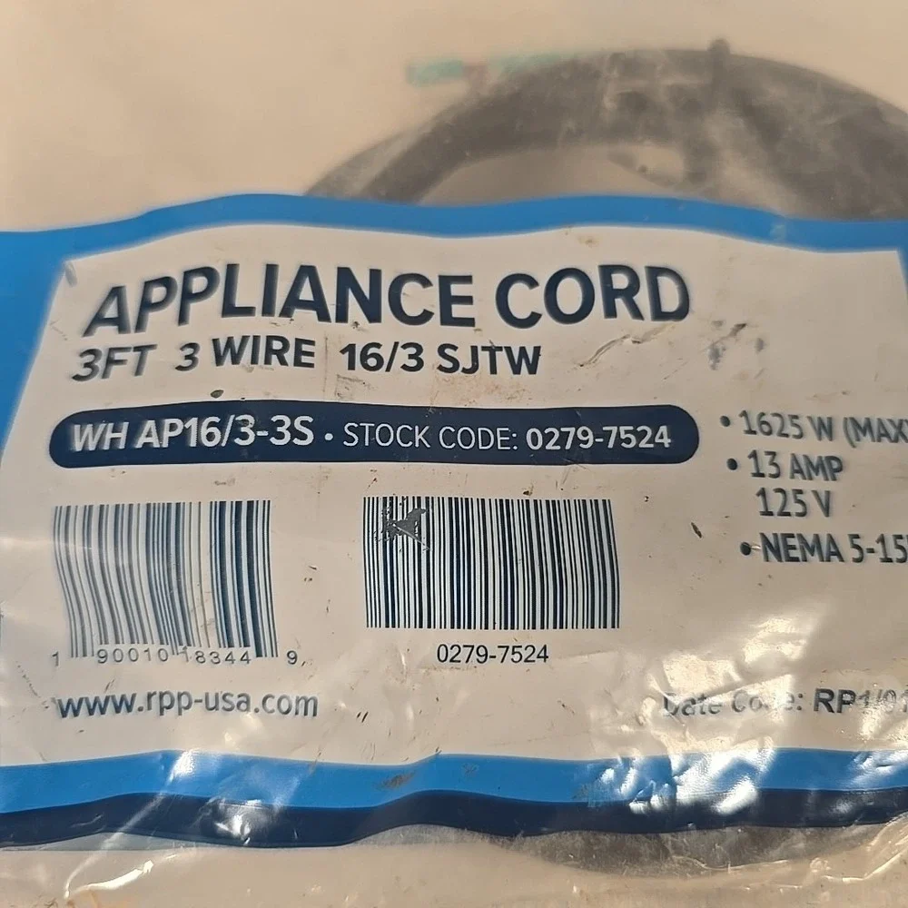 RPP Appliance Cord 3ft‎ 3 Wire 16/3 SJTW WH AP16/3-3S